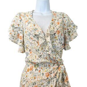 Mod Goddess Floral Print Ruffle Detail Wrap Midi Dress Size Large
